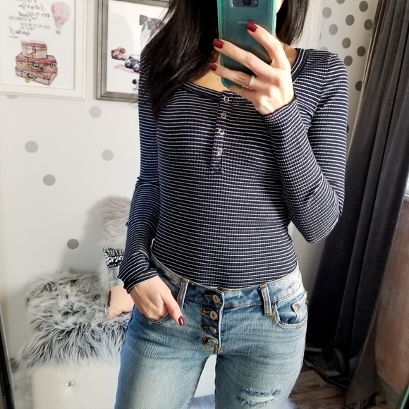 SALE Navy Stripe Henley Top Rib Knit Top - Picture 4 of 8